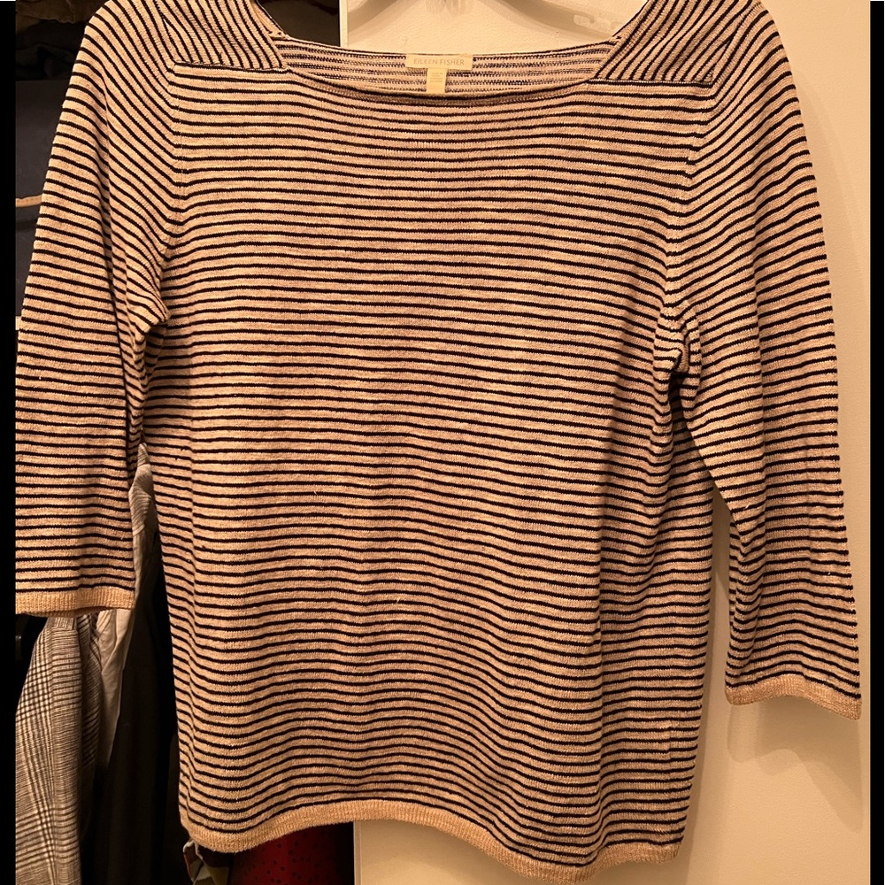 Eileen Fisher Black and Tan Striped BoatneckTop